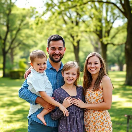 Portrait of a family with young children in a park setting
